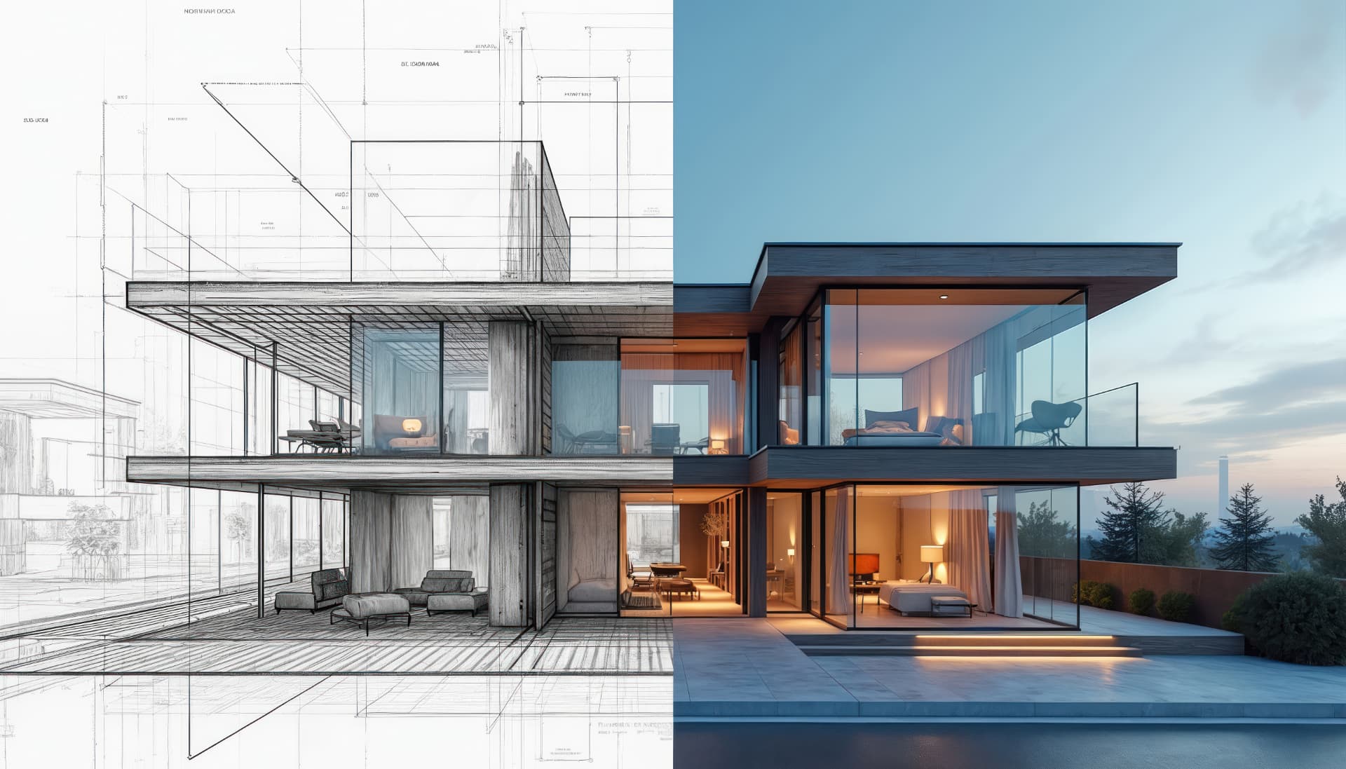 Split view of a modern home shown half as an architectural line drawing and half as the finished, lit residence at dusk